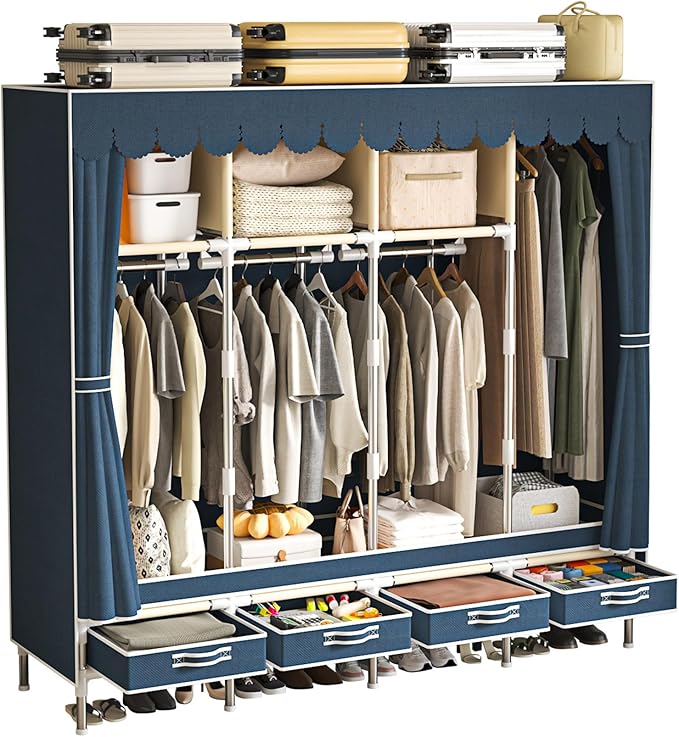 Portable Wardrobe with 4 Drawers and 3 Shelves, 67 Inch Large Capacity Freestanding Wardrobe Hanging Organizer with Lid for Bedroom, Blue