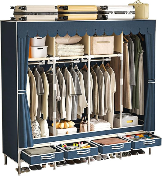 Portable Wardrobe with 4 Drawers and 3 Shelves, 67 Inch Large Capacity Freestanding Wardrobe Hanging Organizer with Lid for Bedroom, Blue