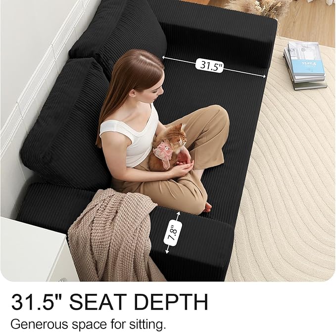 COMAX Convertible Sofa Bed Queen, Folding Fold Out Couch Bed, Floor Futon Couch Corduroy Sleeper Mattress with Back Pillows, Boneless Sofa Comfy Lounge Loveseat for Living Room Bedroom, Black