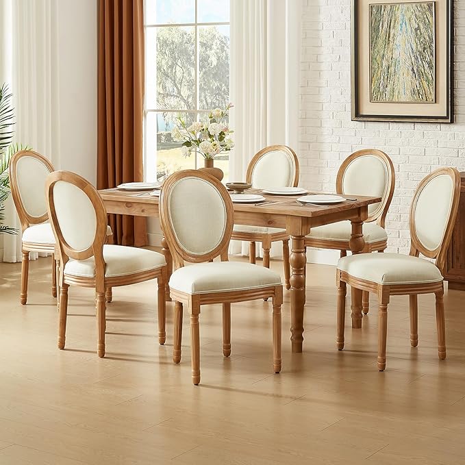 Nrizc French Dining Chairs Set of 6, French Country Dining Chair, Vintage Farmhouse Dining Chairs with Round Back, Solid Wood Beige Fabric Dining Room Chairs, for Kitchen, Bedroom, Dining Room