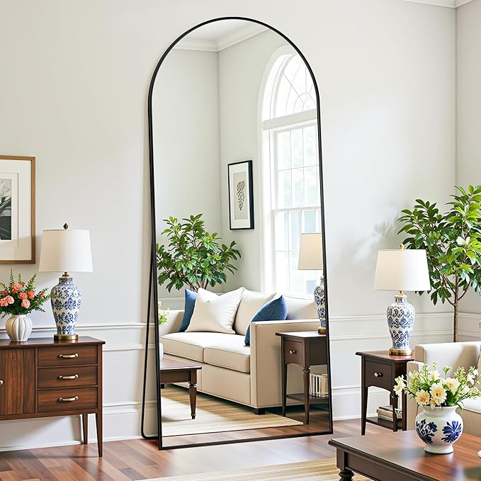 Full Length Mirror, 71"x28" Oversized Floor Mirror Freestanding, Full Body Mirror Floor Standing Mirrors with Stand, Hanging Mounted Mirrors for Bedroom Living Room, Black, Arched Style