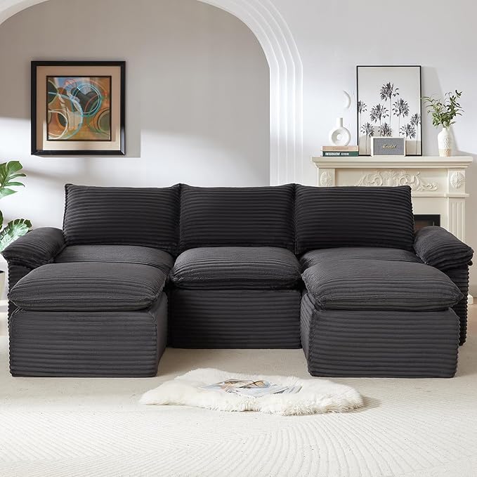 113.03" Sectional Couches for Living Room Modern Modular Sofa with U-Shape Couchs Upholstered Corduroy Boneless Couch Deep Seat Cloud Couch with Ottoman, No Assembly Required, Dark Gray