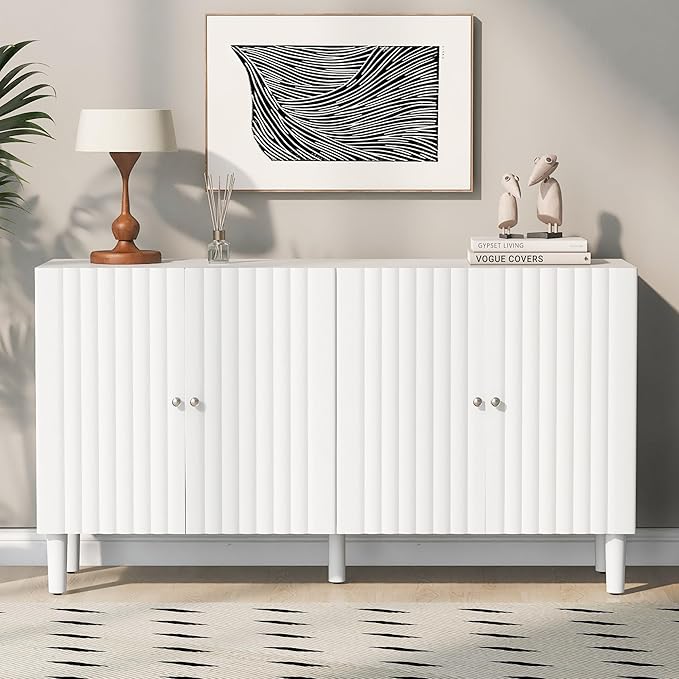 Modern Elegant Sideboard with 4 Wavy Pattern Doors and Cylindrical Legs, 58'' Storage Cabinets with Adjustable Shelves, Accent Entryway Cabinet for Living Room Hallway Kitchen (White-4UV)