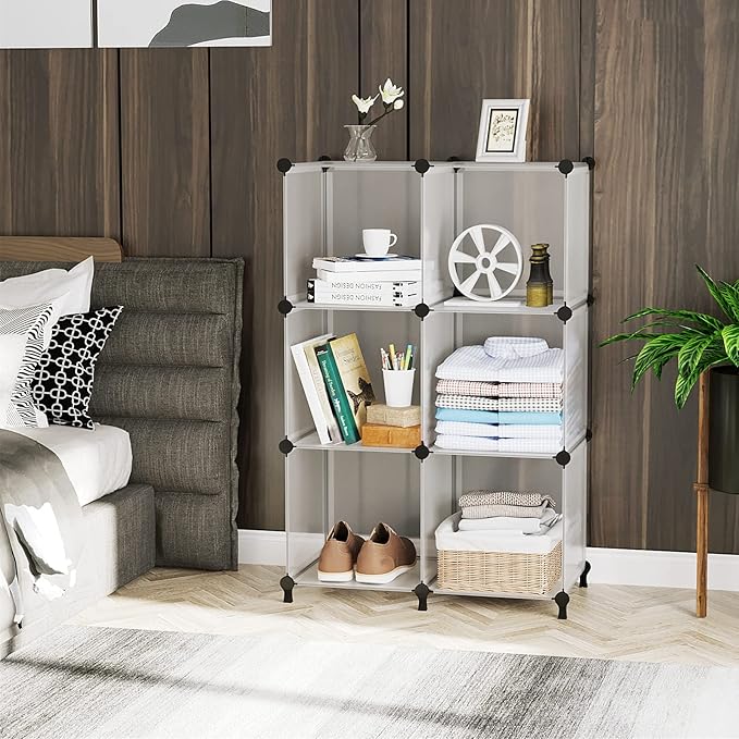 AWTATOS Closet Organizer 6 Cube Closet Storage Shelves DIY Stackable Clothes Storage Organizer Shelving for Closet Bedroom, Home, Translucent