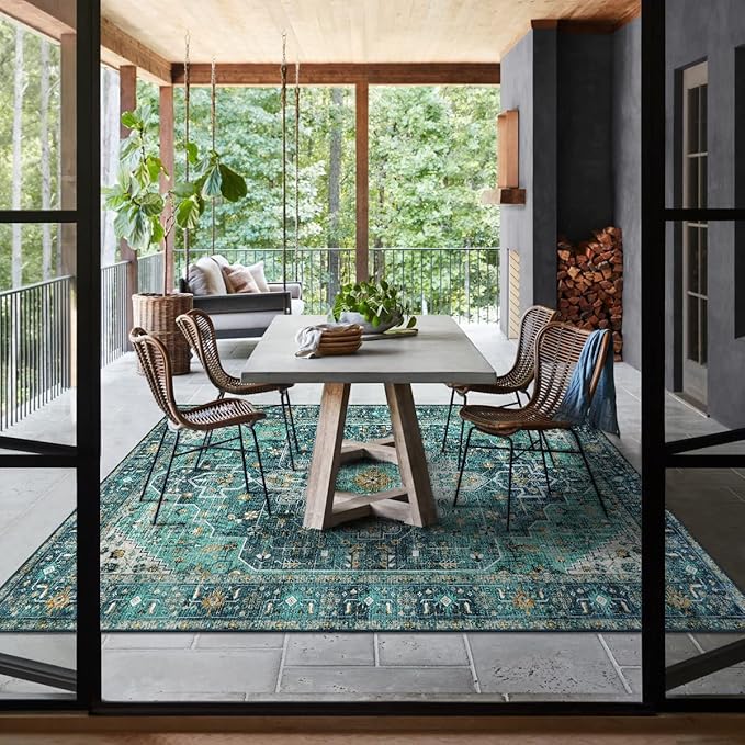 Moynesa Ultra-Thin Vintage Area Rug - 8x10 Teal Bedroom Rug for Living Room Non-Shedding Stain Resistant Playroom Mat, Indoor Printed Boho Floor Carpet for Dining Table Office Decor