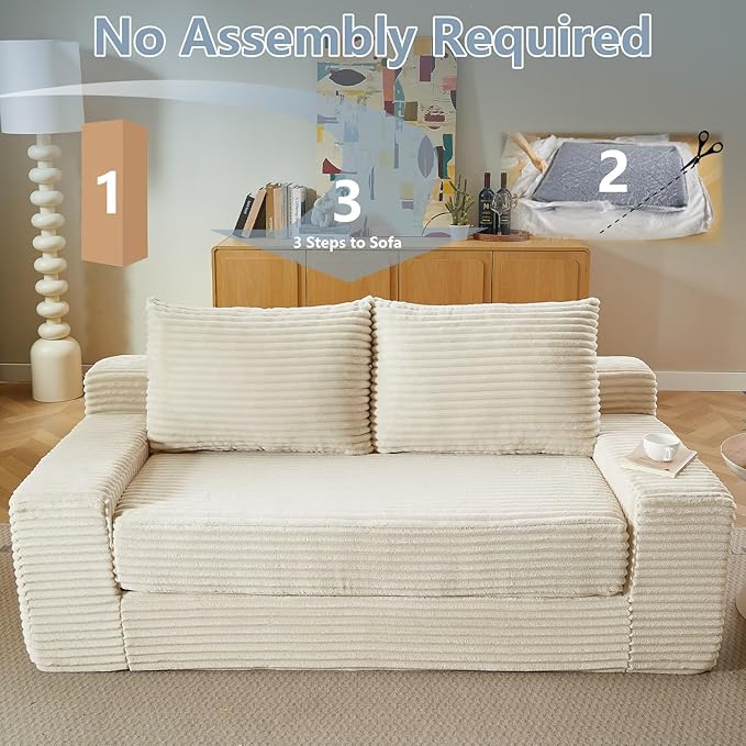 70.87" Loveseat Sofa Bed - Corduroy Upholstered, Comfy Deep Seat & Modern Design - Small Space Friendly, No Assembly Needed - Ideal for Living Room, Bedroom, Apartment, Home Office, Beige