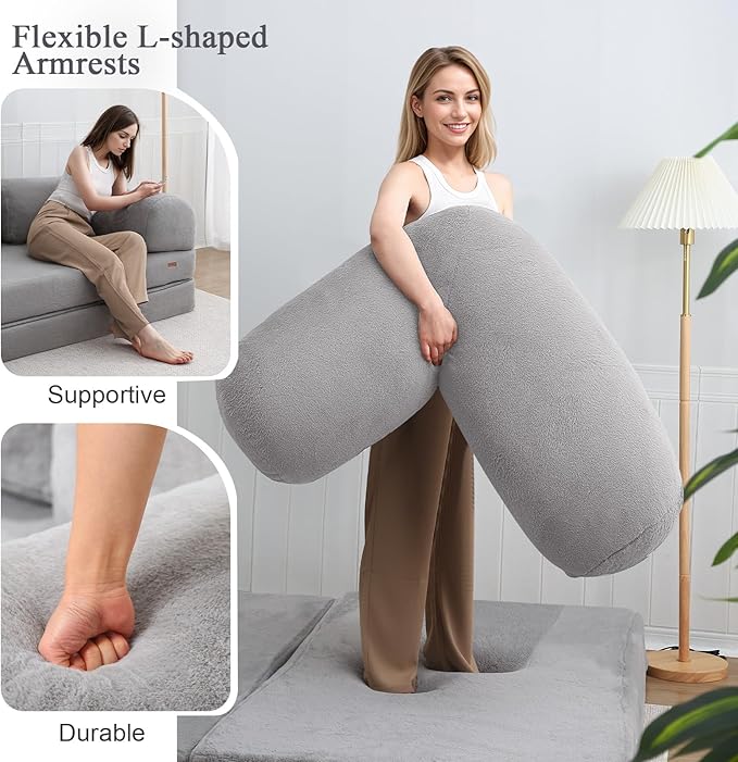 COMAX Folding Sofa Bed Queen, Foldable Couch Bed, Fold Out Futon Chair Sleeper for Adults, Convertible Floor Mattress Sofa for Bedrooom Living Room Guest Room, Faux Fur Grey