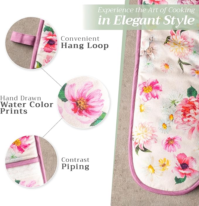 Maison d' Hermine Pivoine 100% Cotton Easter Double Oven Glove with Loop Heat Resistant for BBQ | Cooking | Baking | Grilling | Microwave | Barbecue | Spring/Summer (7.5 Inch by 35 Inch)