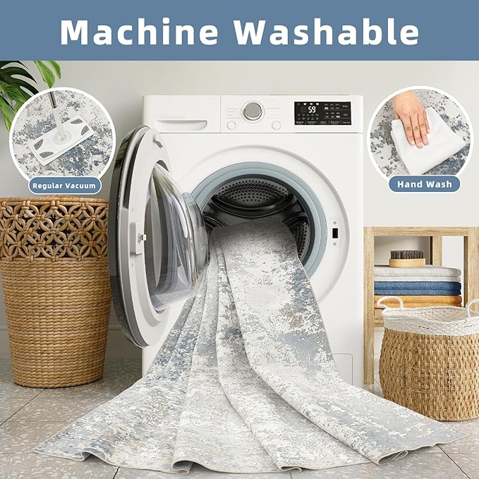 Washable Rugs 8x10 Area Rugs for Living Room - Modern Abstract Rugs for Bedroom,Dining Room,Large Soft Low Pile Carpet with Non Slip Rubber Backing,Neutral Accent Nursery Rug- Beige Blue