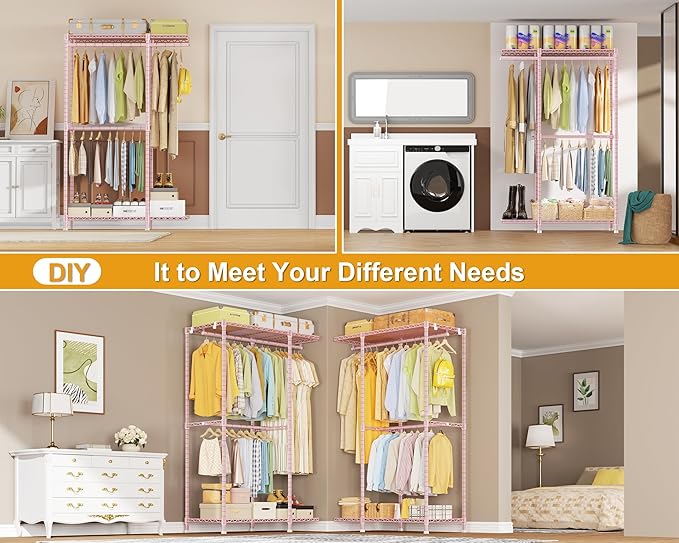 E14 Heavy Duty Clothes Rack，Freestanding Clothing Racks for Hanging Clothes，Adjustable Closet Organizers and Storage，Metal Garment Rack with Shelves 69" W x16 D x77 H，Max Load 960LBS，Pink