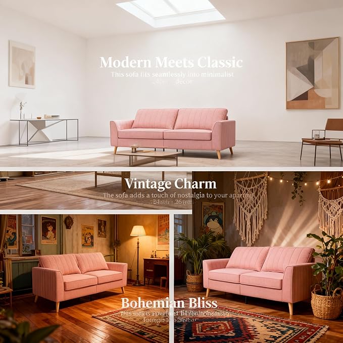 Artechworks Handmade Sofa Couch,3-Seater 76" Wide W/Warm Style Linen, Modern Chic Classic Mid-Century Fusion Stylish French Piping Design Sofa Couch for Living Room Apartment Lounge,Reception,Pink