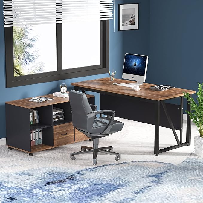 Tribesigns 55 inches Executive Desk and 43" lateral File Cabinet, L-Shaped Computer Desk Home Office Furniture with Drawers and Storage Shelves, Office Table with Cabinet