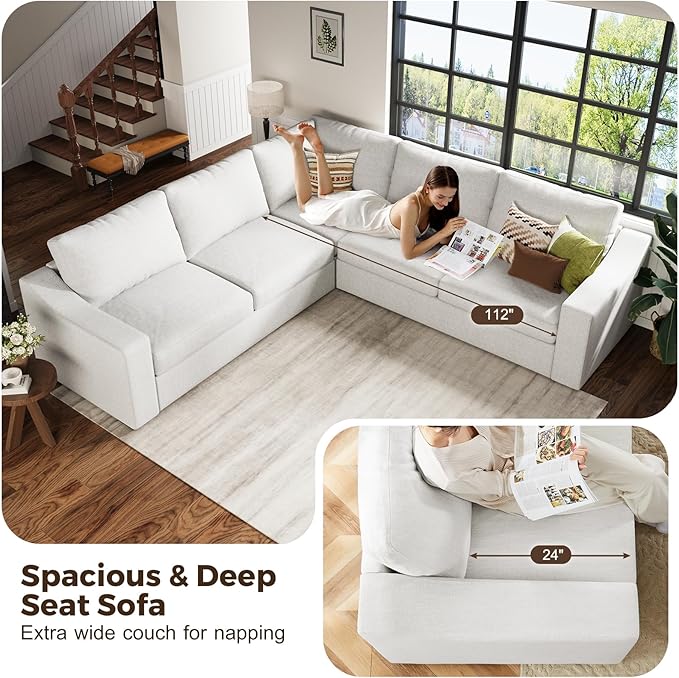 ABCASA 112" Modular Sectional Sofa, Large 7 Seater L Shaped Couch with Detachable Sofa Cover, Movable Ottoman, Deep Seat Corner Couch for Living Room, Apartment - Linen Fabric, Ivory