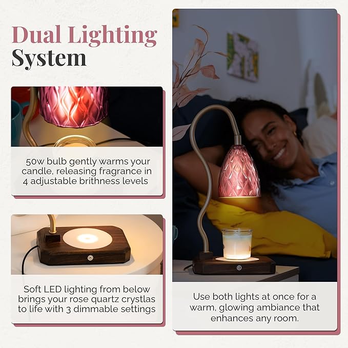 CRYSTALAX Candle Warmer Lamp with Rose Quartz Crystals – Luxury Flameless Candle Melting Lamp for Home Décor, Aromatherapy & Relaxation – Timer, Touch Sensor & 2 Bulbs Included with luxury gifting box