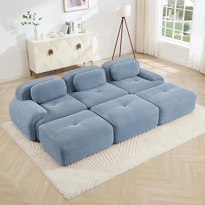 Blue Ottoman for Modular Sectional Sofa, Corduroy Deep Seat for Oversized Compressed Boneless Sectional Couches for Living Room Bedroom Apartment, Cloud Sofa Couch Set, Memory Foam, No Assembly