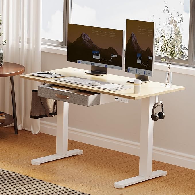 Seang Standing Desk with Drawer, 55" x 24" Height Adjustable Stand Up Desk, 3 Memory Height Settings with Cable Grommets & Storage Hooks, Ideal for Home & Office, Nature