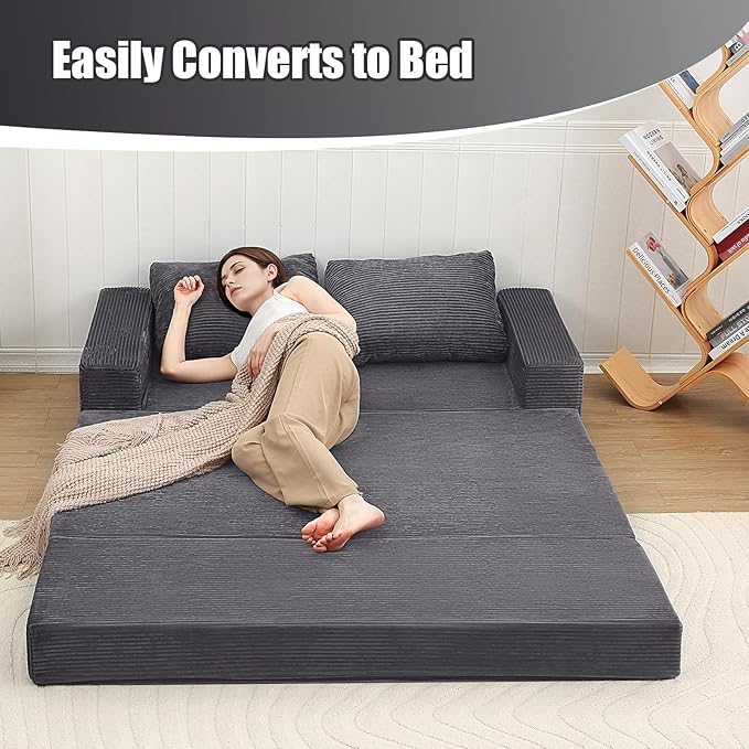 COMAX Convertible Sofa Bed Queen, Corduroy Folding Floor Couch Pull Out Couch Bed Futon Sleeper with Pillows, Fold Out Boneless Sofa Comfy Lounge Mattress Loveseat for Living Room Bedroom, Grey