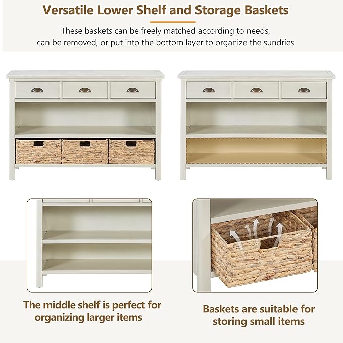 GDFStudio 47" Retro Console Table with 3 Drawers & Water Hyacinth Baskets, Wooden Entryway Buffet Table with Lower Shelf, Vintage Side Board Storage Cabinet for Entryway Living Room, Antique White