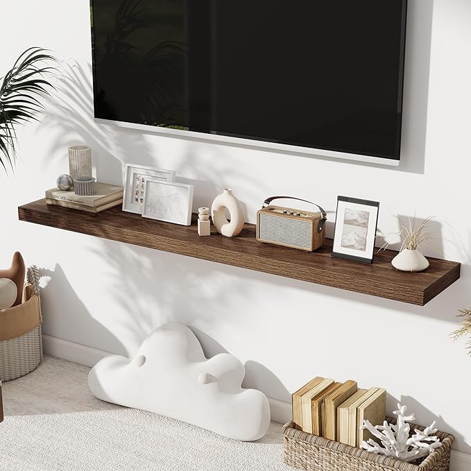 Fun Memories Floating Shelves for Wall Set of 2, 28 Inch Long Floating Shelves for Home Decor, Rustic Wood Wall Mounted Shelf, Hanging Deep Shelf for Living Room, Bedroom, Bathroom, Kitchen, Walnut