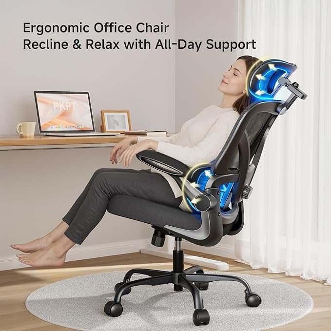 Ergonomic Office Chair with Adjustable Lumbar Support & Headrest, High Back Mesh Chair with Flip-up Armrests for Long Hours, 330 lbs Home Office Desk Chair, Black