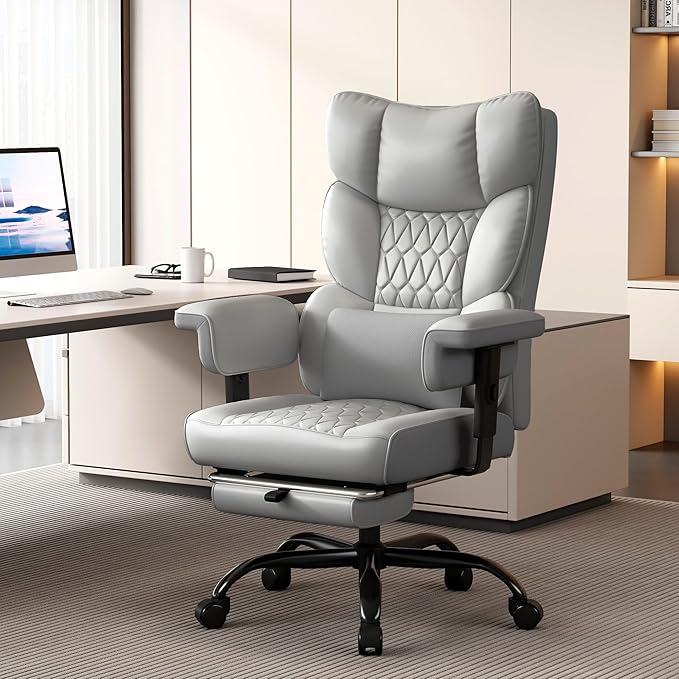 Misolant Big and Tall Office Chair with Footrest, High Back Executive Desk Chair with Adjustable Lift Armrest, 155°Recline，Lumbar Support Pillow, Faux Leather Gaming Chairs for Home or Office Gray