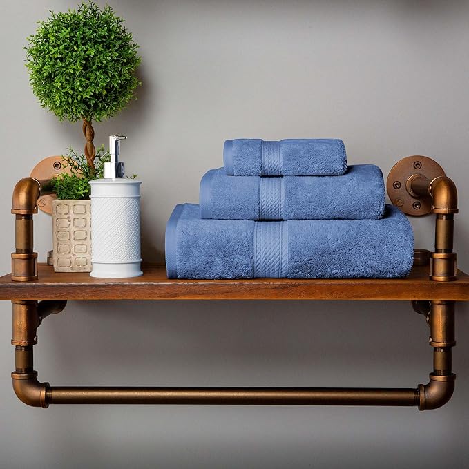 Superior Egyptian Cotton Pile 3 Piece Towel Set, Includes 1 Bath, 1 Hand, 1 Face Towel/Washcloth, Ultra Soft Luxury Towels, Thick Plush Essentials, Guest Bath, Spa, Hotel Bathroom, Denim Blue