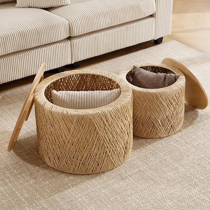 Nesting Coffee Table Set of 2, Round Natural Wood Drum Coffee Tables with Storage Boho Rattan Circle End Table Set for Living Room Bedroom Small Space No Assembly Required, Burlywood
