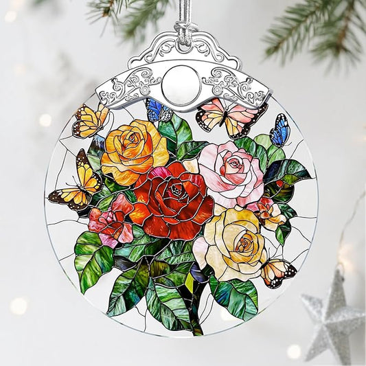 Butterfly & Rose Christmas Decorations - Christmas Ornaments for Tree | Stained Glass Ornament | Holiday Ornament – Flower Lover Gifts | Gift Ideas | Xmas Gift