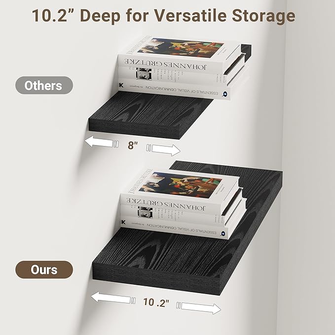 Vivelove 16 Inches Floating Shelves Wall Mounted, 10" Deep Wall Shelves for Bedroom, Bathroom, Living Room, Kitchen, Office, Home Decor, Modern Shelf, Set of 2, Black, 16x10.2x1.5