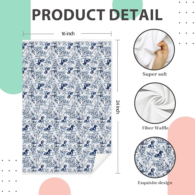 Blue Chinoiserie Dachshund Kitchen Towels, Gifts for Dachshund Lovers, Blue and White Sausage Weiner Dog Dish Tea Towels, Grandmillennial Doxie Dog Hand Towel for Bathroom Kitchen, 16x24 Inch