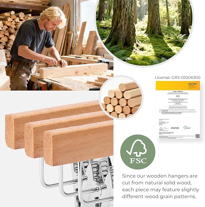 HOUSE DAY Premium Wooden Pants Hangers 25 Pack, Solid Lotus Wood Skirt Hangers with 2-Adjustable Clips, Heavy Duty & Anti Slip Wood Bottom Hanger for Slacks, Jeans, Trousers, Shorts (Natural)