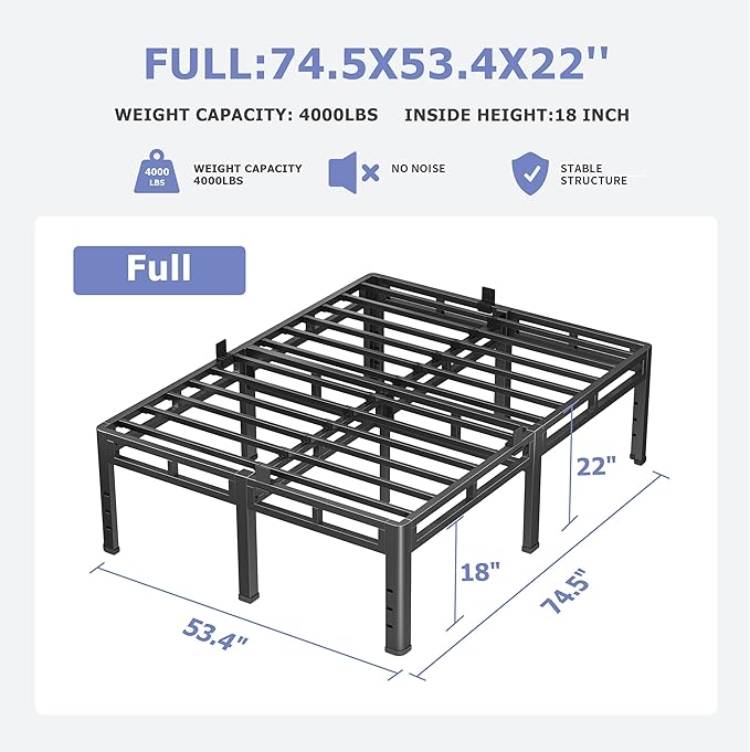 NKZ 22 Inch Full Size Bed Frame, Metal Bed Frame & Box Spring 2 in 1 Platform with Round Corner Legs, 4000Lbs Heavy Duty Metal Frame, Mattress Slide Stopper, Headboard Hole, Noise-Free, Easy Assembly