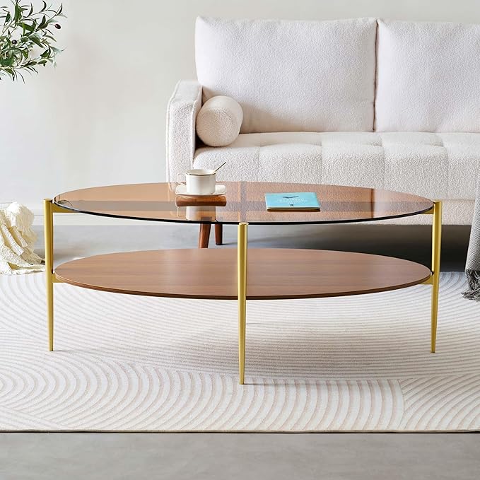 Oval Glass Coffee Table, Mid-Century Modern Design, L43 x W22 x H17 inch, 2-Tier Structure, Olive Shaped Amber Glass Top and Walnut Finish Wood Shelf, Tapered Legs with Gold Finish Frame