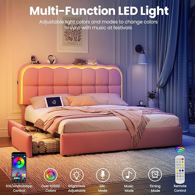 Queen Size Bed Frame with 4 Storage Drawers and LED, Adjustable Clouds Headborad, Velvet Upholstered Platform Queen Bed Frame with Charing Station, Wood Slats Support, No Box Spring Needed,Pink