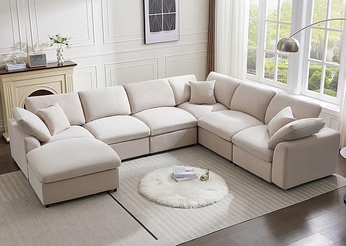 Modular Sectional Sofa Modern Oversized Chenille Cloud Couch with Movable Ottoman 7 Seater L-Shaped Sofas Comfy Couches for Living Room Spacious Space Office Lounge, Beige