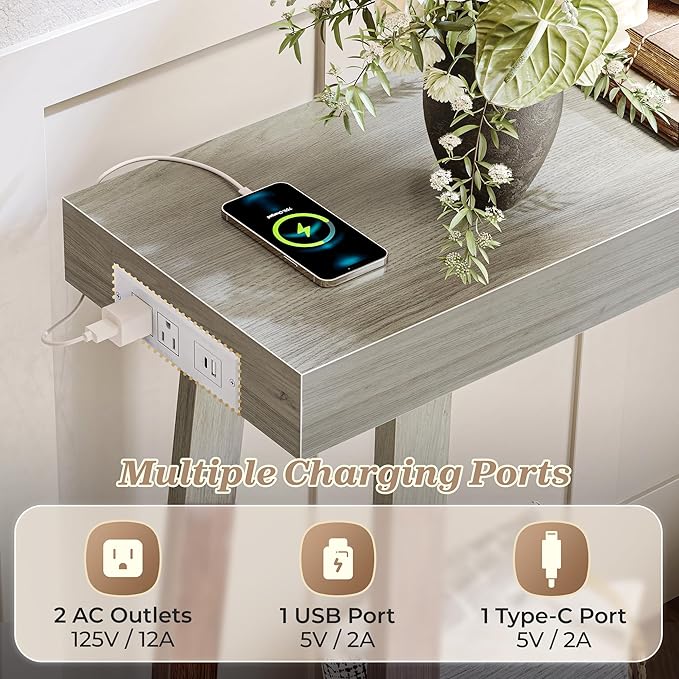 Huuger Entryway Console Table with Charging Station, USB-C Port, 47.2 Inch Sofa Table with Metal Legs, Entry Hallway Table with Thicker Desktop, Modern Behind Couch Table, Grey