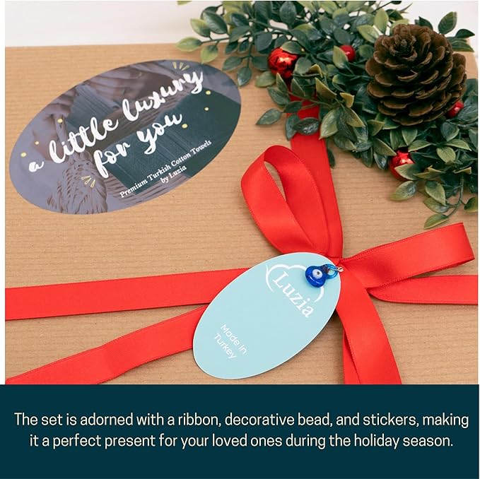 Luzia Christmas Towel Set | Ivory Color | Includes 1 Bath and 1 Hand Towel with Embroidered Designs and 2 Plain Washcloths | Presented in A Beautiful Craft Box