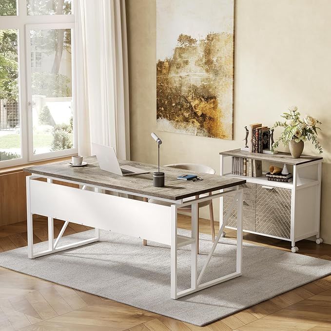 LITTLE TREE 63-Inch Office Desk with 31.5-Inch Lateral File Cabinet, Study Writing Desk Computer Desk for Home Office