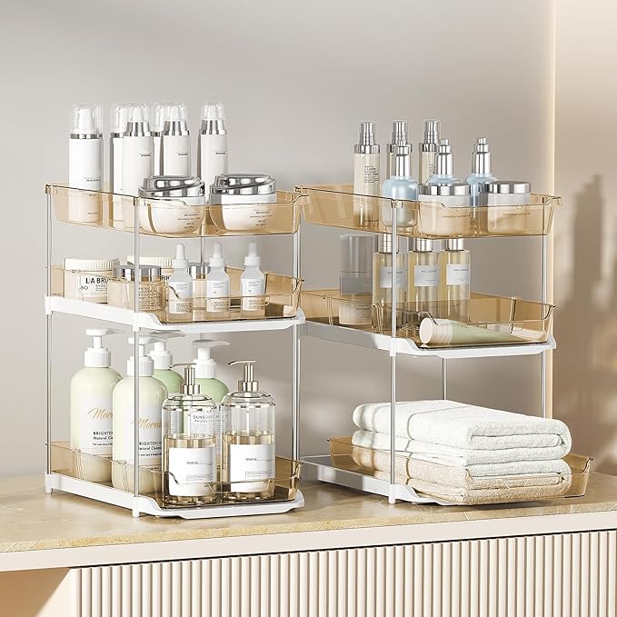 Delamu 2 Pack 3-Tier Bathroom Under Sink Organizers and Storage, Multi-Purpose Stackable Pantry Organization and Storage, Pull Out Clear Kitchen Bathroom Cabinet Organizer with Movable Dividers, Amber