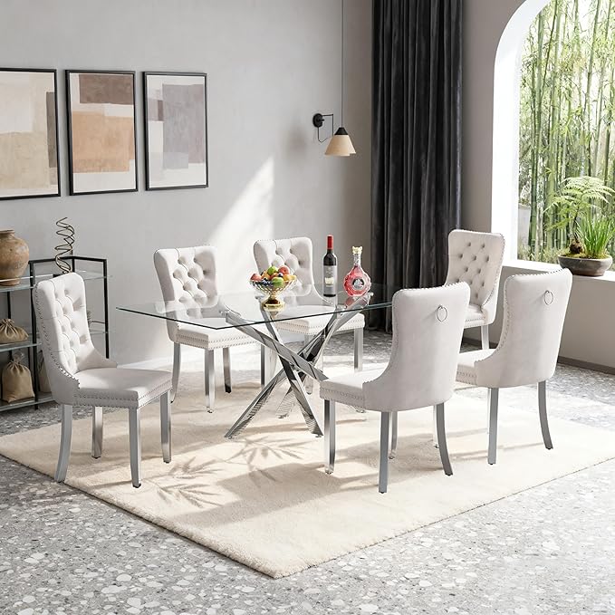 Goujxcy 51" Glass Dining Table Set for 6, Modern Kitchen Table and Chairs Set w/Steel Legs, 7-Piece Dining Table Set w/Glass Silver Dining Table and 6 Beige Velvet Chairs for Kitchen Dining Room
