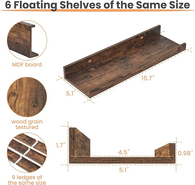 upsimples Floating Shelves for Wall, Wall Shelves for Decor Storage Set of 6, Wall Mounted Wood Shelf for Bedroom, Living Room, Bathroom, Kitchen, Picture Ledge Shelf, Brown