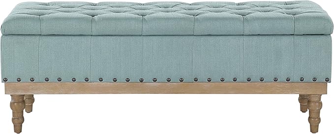 OSP Home Furnishings Landis Button Tufted Padded Top Storage Bench with Brushed Legs, Sea Blue Fabric
