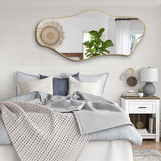 Large Irregular Mirror, Gold Asymmetrical Mirrors, 55"x25.6" Abstract Full Length Mirrors with Metal Frame, Cloud Shaped Mirror for Living Room Bathroom Bedroom Hallway Entryway Fireplace