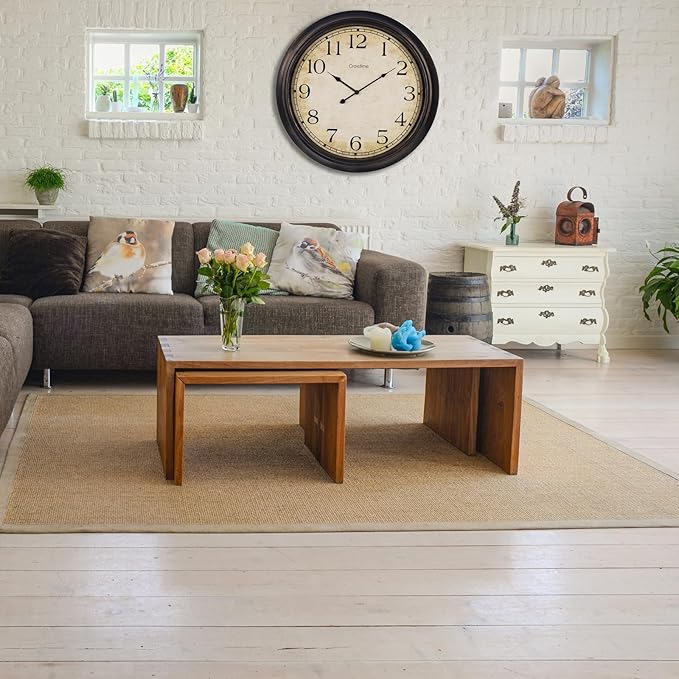 24 Inch Wall Clock Battery Operated Silent Round Vintage Large Wall Clocks for Living Room Farmhouse Decor, Black-Brown