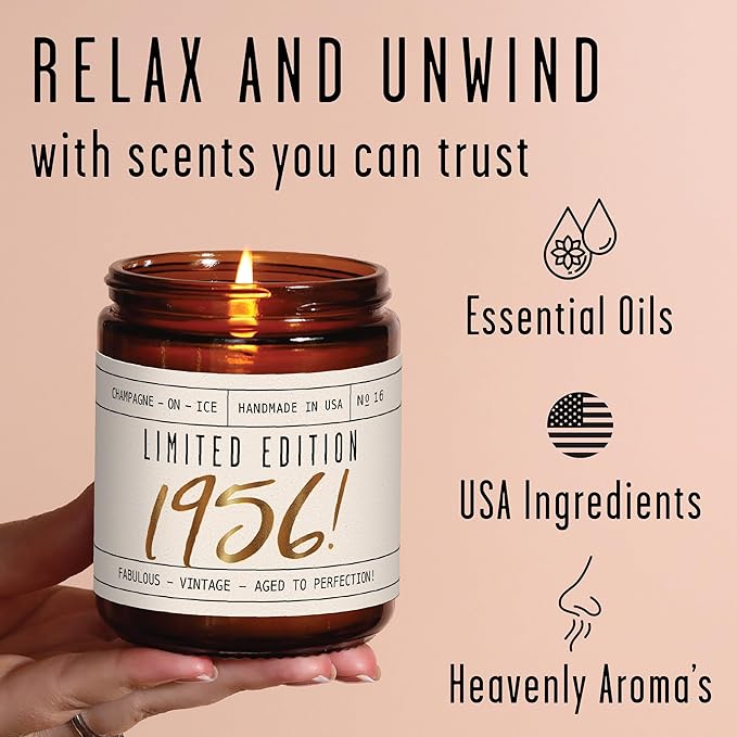 69th Birthday Gifts for Women - 'Limited Edition 1956' Soy Candle, w/Champagne on Ice I 69 Birthday Gifts for Women I 69th Gift for Her Ideas I 9oz Reusable Jar, 50Hr Burn, Made in USA