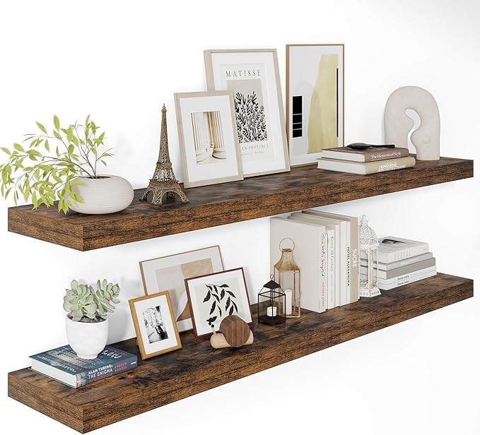 Vivelove 12" Deep Floating Shelves 47.2" Long, Wall Shelves for Living Room Bedroom Bathroom Kitchen Laundry Room, Farmhouse Rustic Shelves for Home Decor, 47.2" X 12" X 2" Set of 2, Rustic Brown
