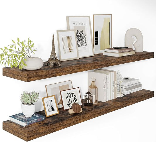 Vivelove 12" Deep Floating Shelves 47.2" Long, Wall Shelves for Living Room Bedroom Bathroom Kitchen Laundry Room, Farmhouse Rustic Shelves for Home Decor, 47.2" X 12" X 2" Set of 2, Rustic Brown