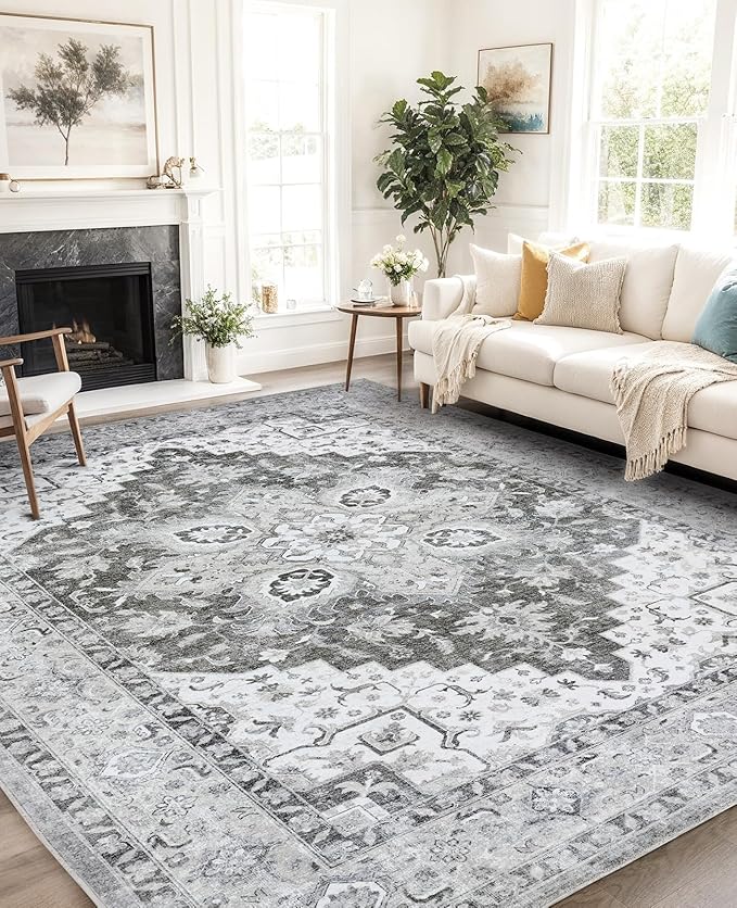 AMADA HOMEFURNISHING 9x12 Area Rugs, Low-Profile Large Washable Area Rug with Non-Slip Backing & Durable Edge Binding, Vintage Rugs for Living Room, Bedroom & Dinning Room