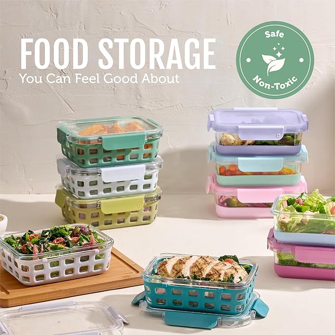 Ello Duraglass 3.4 Cup Meal Prep Sets 10Pc, 5 Pack Set- Glass Food Storage Container with Silicone Sleeve and Airtight BPA-Free Plastic Lids, Dishwasher, Microwave, and Freezer Safe, Olive Tree