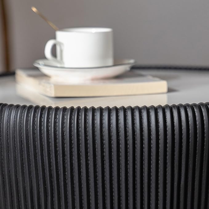 Black Round Coffee Table with Sintered Stone Tabletop, 19.69 Drum Coffee Table with Fluted PU Leather Covered and Metal Base, Circle Cocktail Tea Table for Living Room